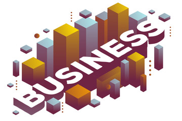 Vector illustration of three dimensional word business with abstract color shapes on white background.