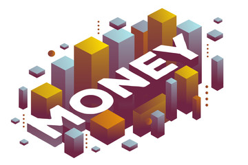 Vector illustration of three dimensional word money with abstract color shapes on white background.