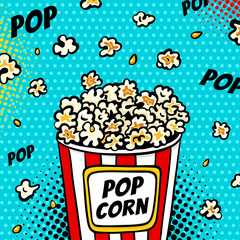 Pop art fast food in the cinema. Bright background with popcorn popping out of the box. Vector illustration in comic retro pop art style.