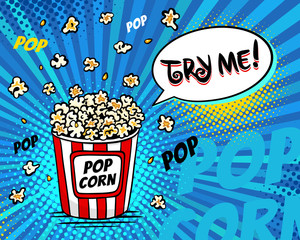 Pop art fast food in the cinema. Bright background with popcorn popping out of the box and try me speech bubble. Vector illustration in comic retro pop art style. - obrazy, fototapety, plakaty