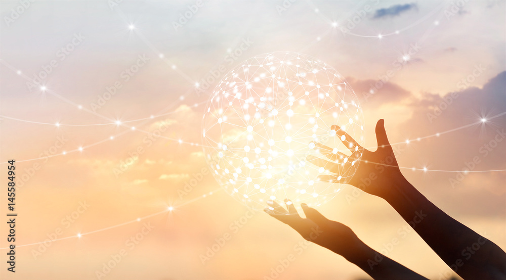 Poster abstract science, circle global network connection in hands on sunset background