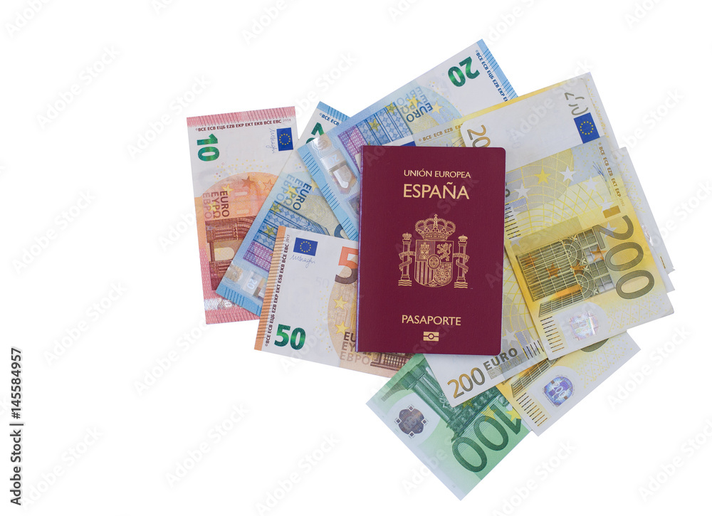 Wall mural different euro banknotes under a spanish travel passport.