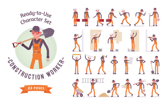 Ready-to-use young male worker character set, various poses and emotions