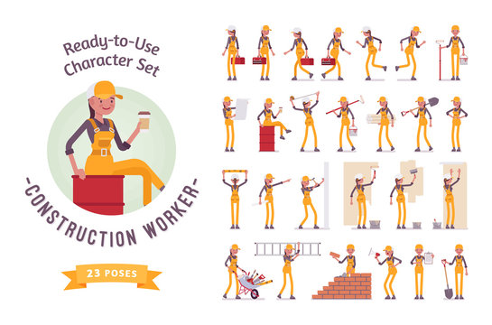 Ready-to-use young female worker character set, various poses and emotions