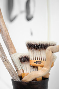 Brushes of Chinese calligraphy in the studio of a painter