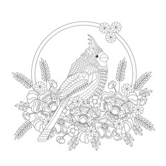 Fantasy bird in flowers. Coloring book for adults and children. Black and white vector illustration.