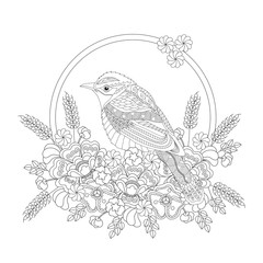 Fantasy bird in flowers. Coloring book for adults and children. Black and white vector illustration.