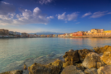 Old Venetian port of Chania at sunrise, Crete. Greece