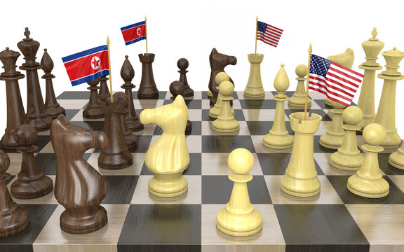 North Korea and United States foreign policy strategy and power struggle, 3D rendering