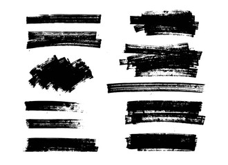 Set of black paint, ink brush strokes, lines.