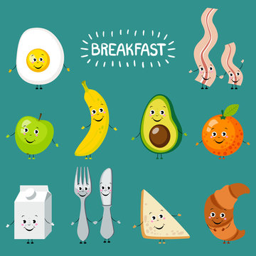 Set of cartoon food: breakfast. Funny comic eggs and bacon,sandwich,croissant,fruits,milk, apple, banana, avocado, orange, fork, spoon.Vector illustration isolated