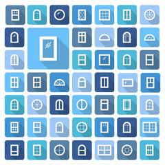 Windows. Architecture elements. Flat colored icons with long shadows. Traditional, french, arch and round window frames