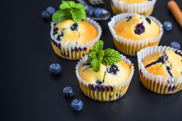 Blueberry muffins with powdered sugar and fresh berries