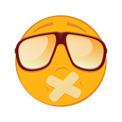 Emoticon with adhesive bandages over his lips in a sunglasses on white background. Vector illustration.