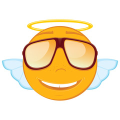Cute angel emoticon in a sunglasses on white background. Vector illustration.