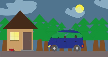 The house and the car at the night forest. All objects can be used separately