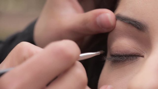 Make up artist applying Eyeliner on green eyes's woman