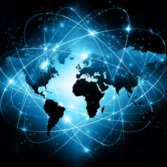 World map on a technological background, glowing lines symbols of the Internet, radio, television, mobile and satellite communications.