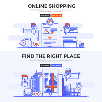 Flat design concept banner - Online Shopping and Find the Right Place