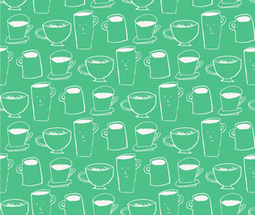 Coffee seamless pattern. Seamless background with hand drawn sketchy tea and coffee cups. The image is made in the style of hand-made.