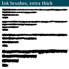 Ink brushes, extra thick. 16 vector brushes made from ink strokes. They are 4 different strokes, and of each one they are presented 4 versions of different length: long, medium, short and very short.