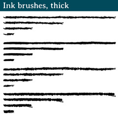 Ink brushes, thick. 16 vector brushes made from ink strokes. They are 4 different strokes, and of each one they are presented 4 versions of different length: long, medium, short and very short.