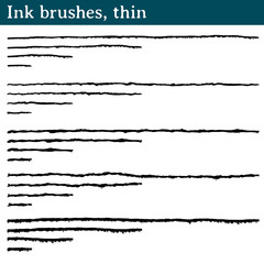 Ink brushes, thin. 20 vector brushes made from ink strokes. They are 5 different strokes, and of each one they are presented 4 versions of different length: long, medium, short and very short.