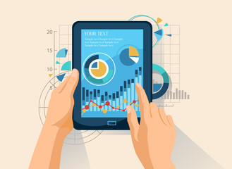 Hands holding tablet working with data information and statistics
