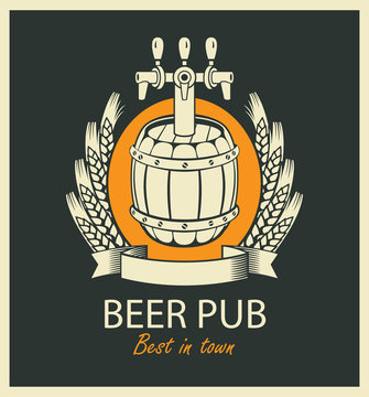 template vector beer pub label with barrel, coat of arms, ears of wheat and ribbon in retro style