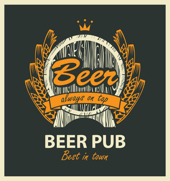 template vector beer pub label with wooden barrel, coat of arms, ears of wheat, ribbon and crown in retro style