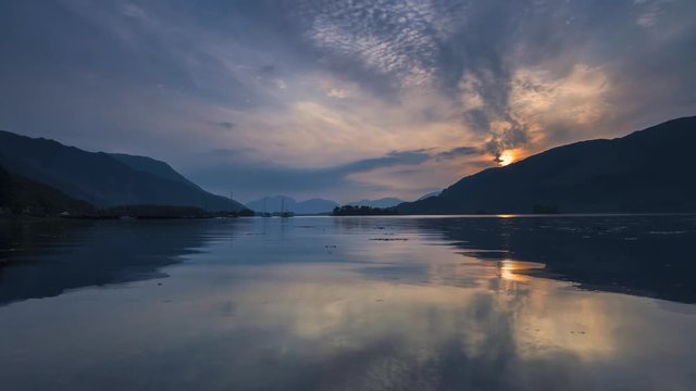 Sunset over Loch Leven Harbour in Scottish Highlands