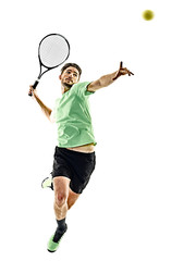 one caucasian  man playing tennis player isolated on white background - obrazy, fototapety, plakaty