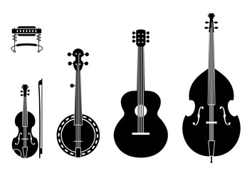 Country Music Instruments Silhouettes With Strings. Vector Illustration Of Musical Instruments Silhouettes Of A Regular, Traditional Country Music Band. - obrazy, fototapety, plakaty