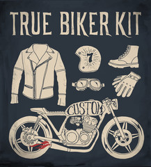 Obraz premium True Biker Kit. Vintage Hand Drawn Styled Vector Illustration of the biker goods.