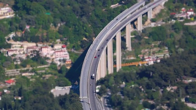 Aerial View Of Cars And Trucks Traffic At Highway Bridge. Tilt-shift Timelapse - HD Video
