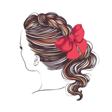 Beauty woman with luxurious long braid hairstyle with bow. Vector hand drawn illustration.