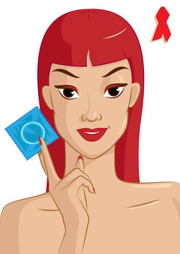 AIDS Awareness. Vector illustration of a Young Woman reminding Condom use and Calling attention for Sexually Transmitted Diseases like AIDS.