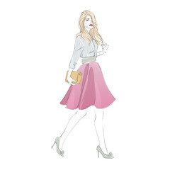 Obraz na płótnie Canvas Beautiful young blonde women in a fashion retro clothes with bag on high heels. Vector hand drawn illustration.