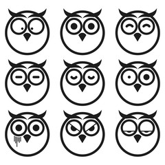 Owl Expression Smiley Icon Set. Isolated on White Background.