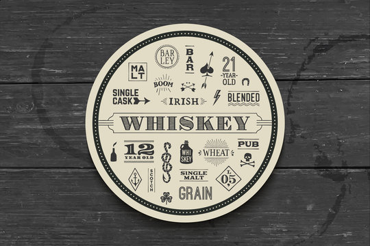 Coaster for whiskey and alcoholic beverages. Vintage drawing for bar, pub and whiskey themes. Black and white circle for placing whiskey glass over it with lettering, drawings. Vector Illustration