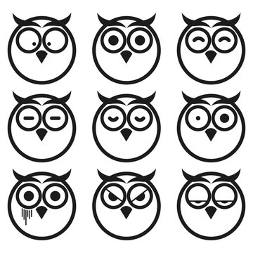 Owl Expression Smiley Icon Set. Isolated on White Background.