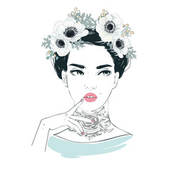Portrait of young beautiful woman with flowers in long hair and tattoo on her neck. Vector hand drawn illustration.