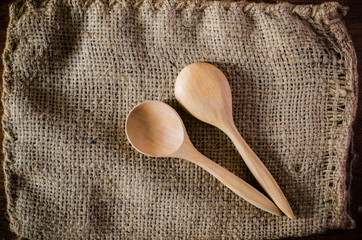 wooden spoon on sackcloth