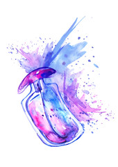 Fototapeta premium Watercolor bottle with perfume, cosmetics. Splash, spray paint, abstraction. Vintage illustration with fashion pattern on white isolated background. Blue, purple, purple. Postcard, invitation