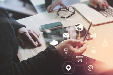 co working team meeting concept,businessman using smart phone and laptop and digital tablet computer in modern office with virtual interface icons network diagram
