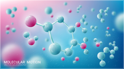 Molecules of water in motion. Blurred blue background. Chaotic particles. Vector illustration on a theme of medicine, science, technology. Screensaver for websites, a template for printing posters.