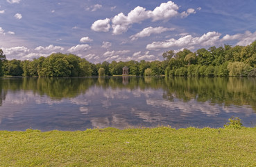 Greek temple in the park by the lake