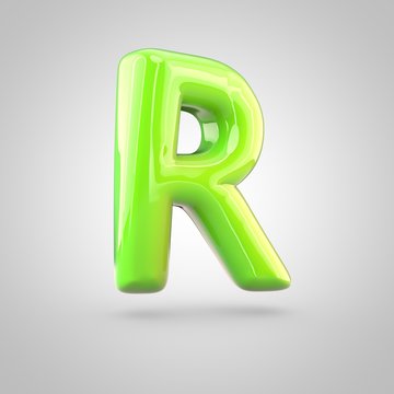 Glossy lime paint alphabet letter R uppercase isolated on white background