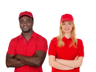 Co-workers with their red uniform