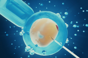 3d illustration Artificial insemination process. Glass needle fertilizing a female egg. Concept, scientific experiment